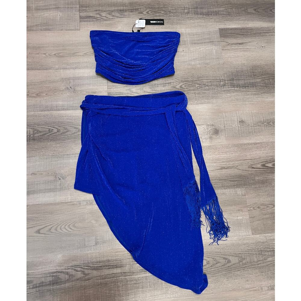 NWT Fashion Nova Truth is Out Blue Metallic Top & Skirt Set